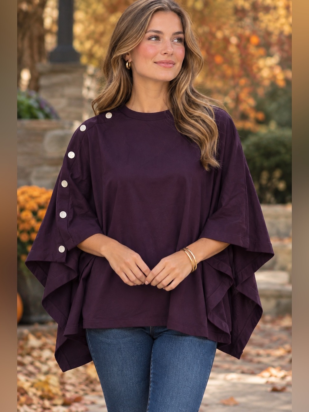Saks Fifth Avenue Plum Button-Sleeve Poncho Top